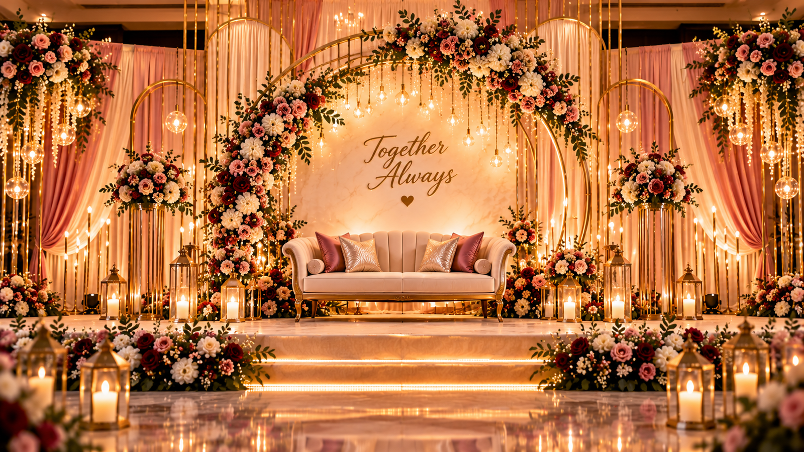 Romantic engagement stage with floral arch