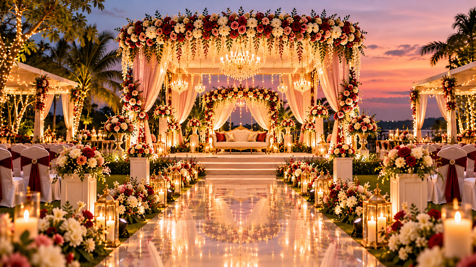 Elegant outdoor wedding mandap at sunset