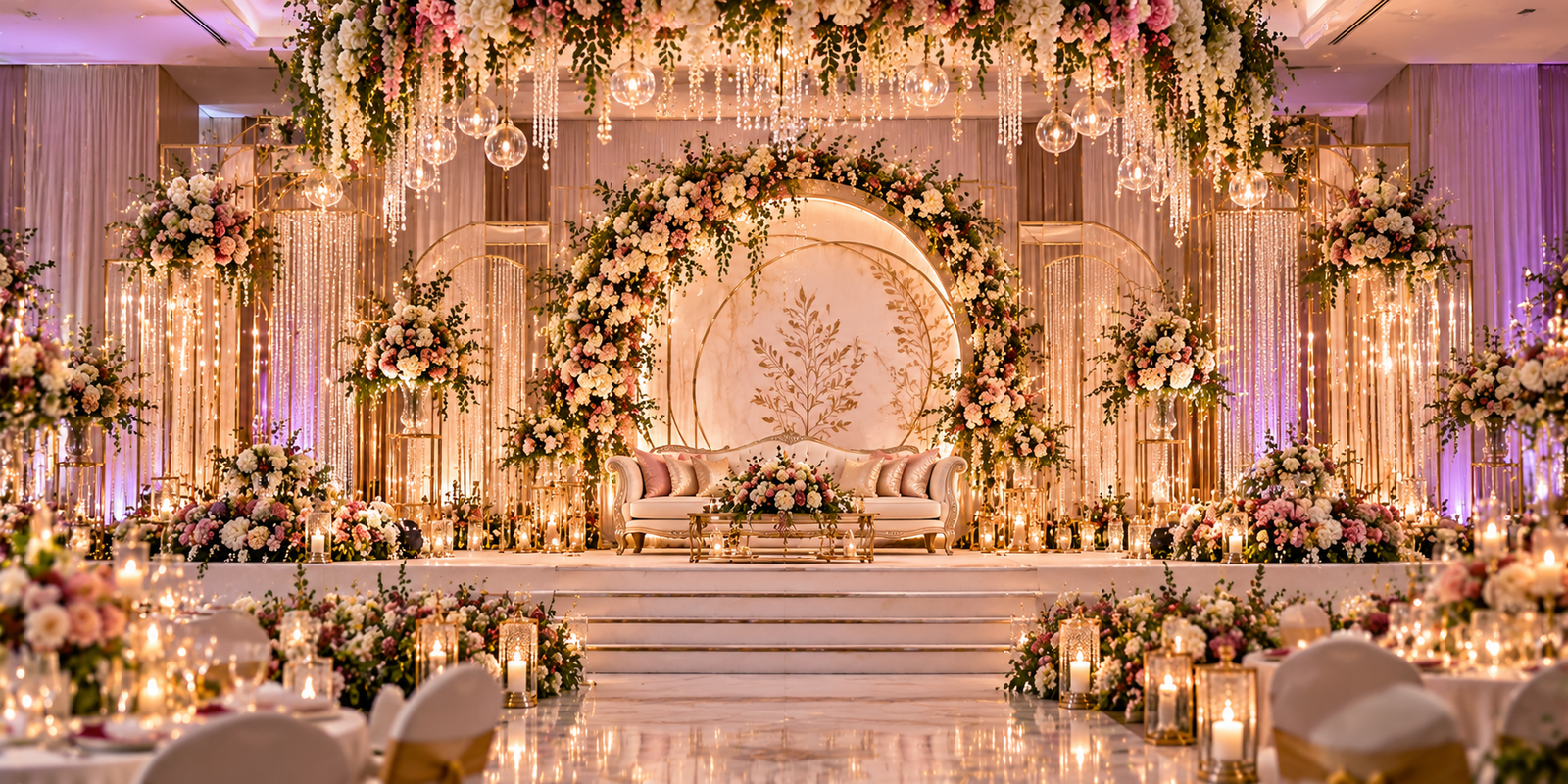 Lavender engagement stage with cascading crystals and floral arches