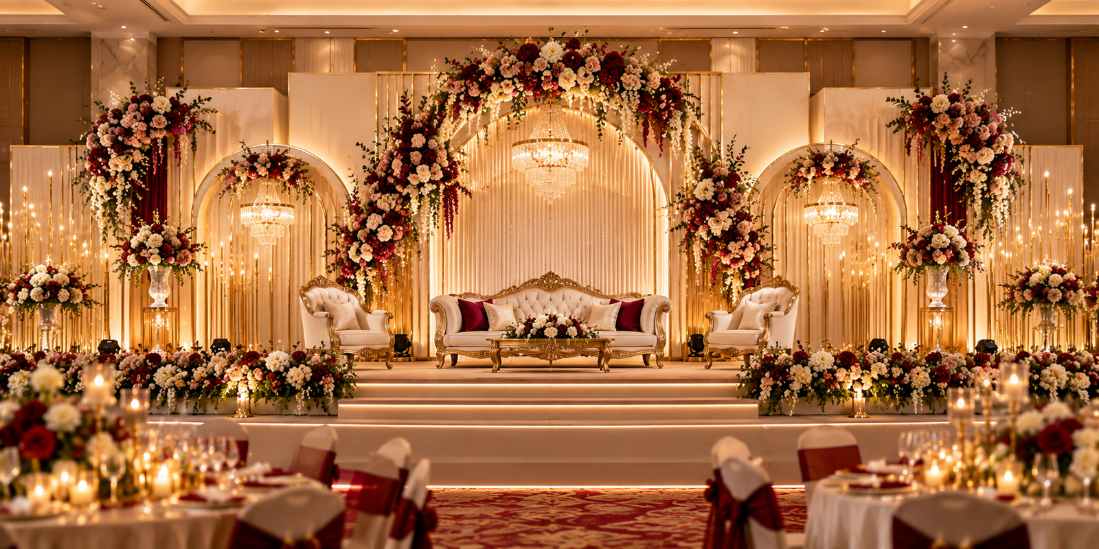Elegant burgundy and gold reception stage with ornate seating and chandeliers