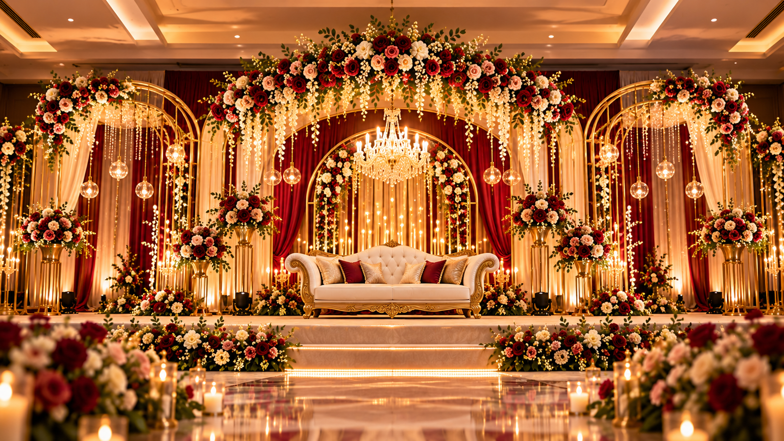 Burgundy and gold wedding reception stage