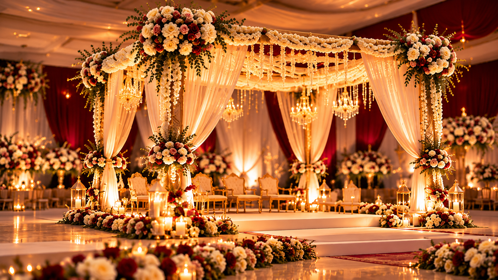 Floral mandap with elegant drapery