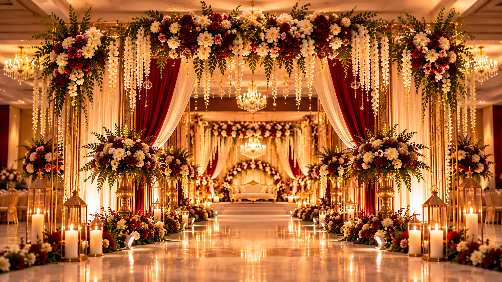 Golden wedding aisle and floral decorations