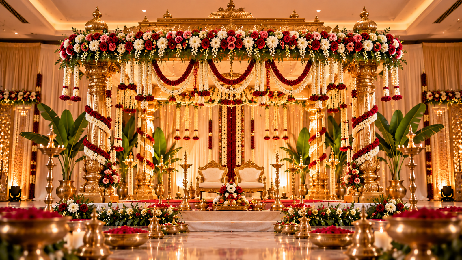 Traditional South Indian wedding mandap with gold details