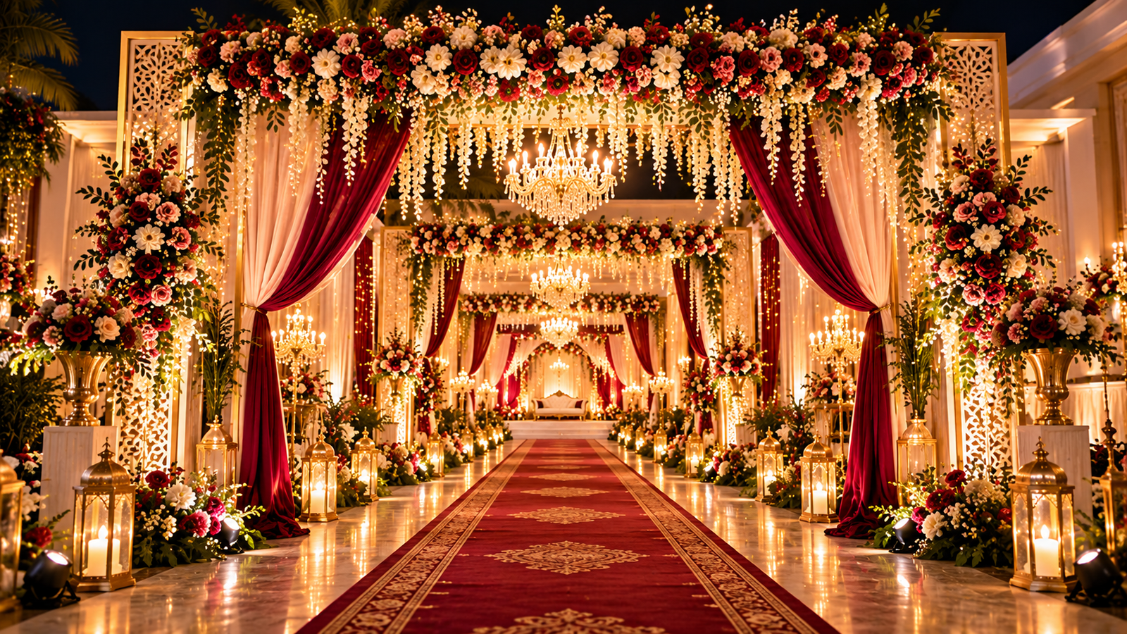 Grand floral wedding entrance with burgundy carpet