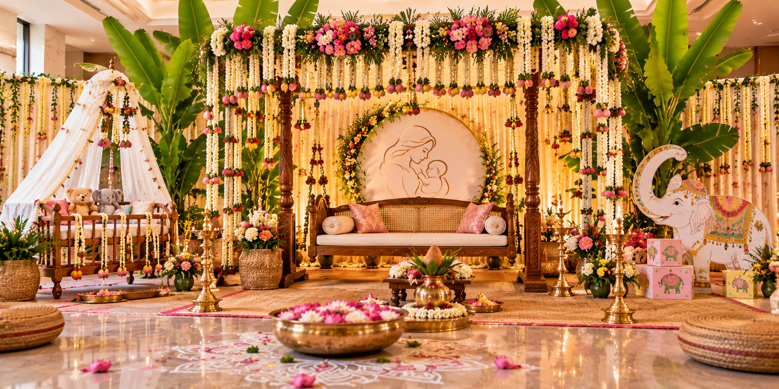 Traditional South Indian baby shower stage with flower-decorated cradle and banana leaves
