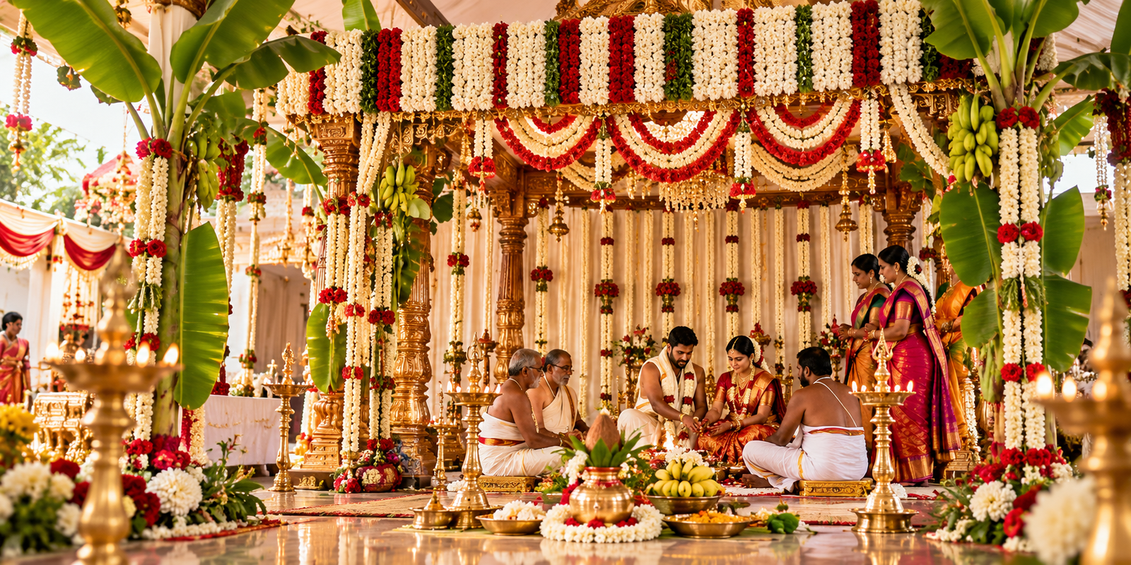 Traditional Tamil wedding mandap with floral garlands and banana leaves