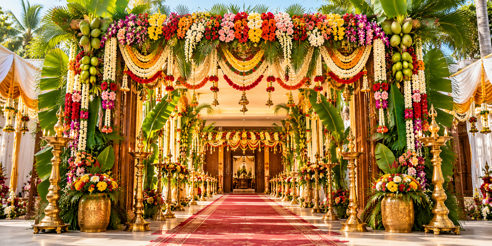Colourful South Indian wedding entrance with coconut palms, banana leaves and floral garlands